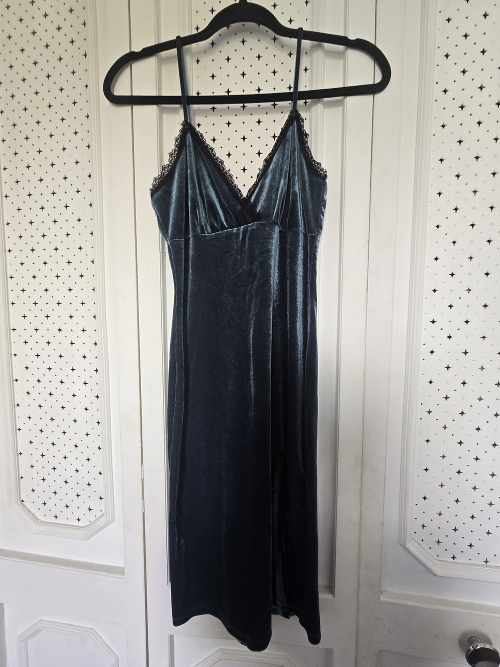 Velvet Lace-Trim Slip Dress - Deep Teal